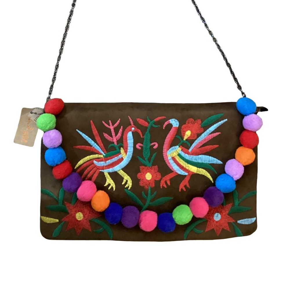 Bam Forever Crossbody Bag Jute Birds Multi Color Pom Poms Festival Boho Artsy